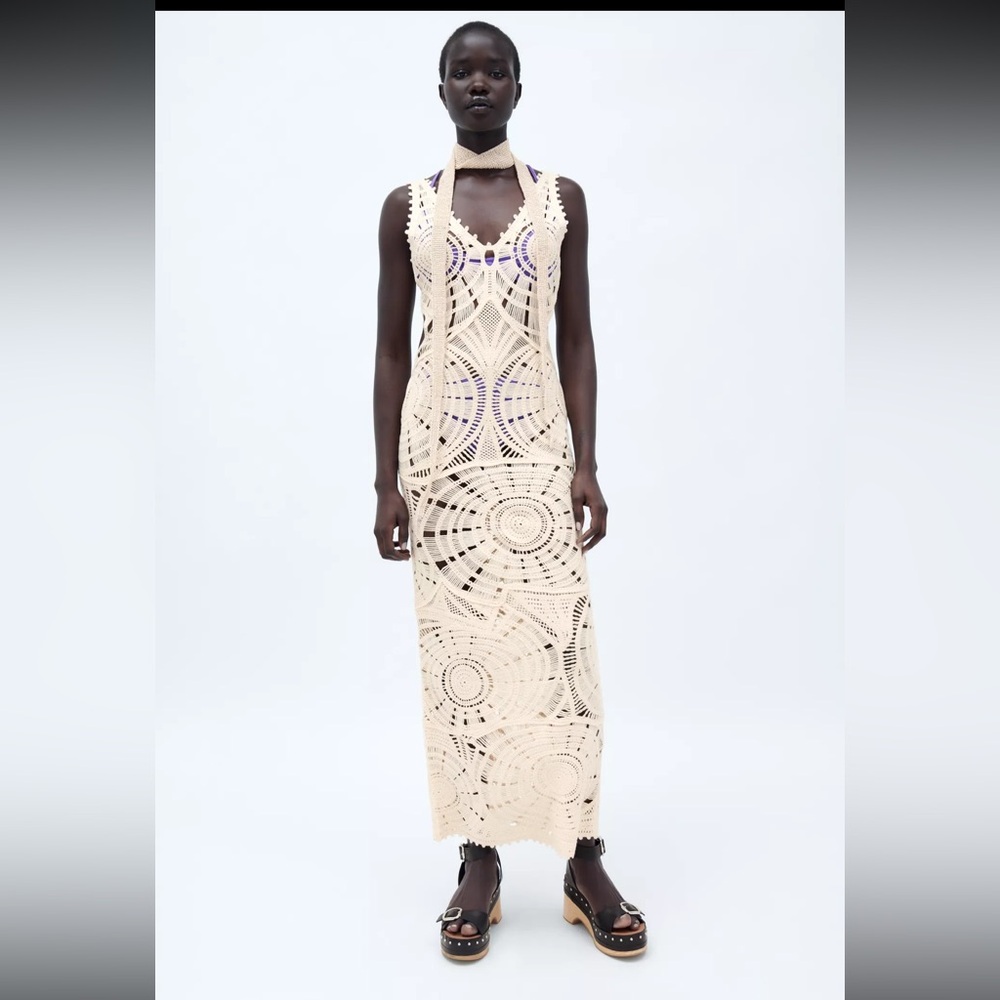Zara cut out  Crochet Maxi Dress color ecru